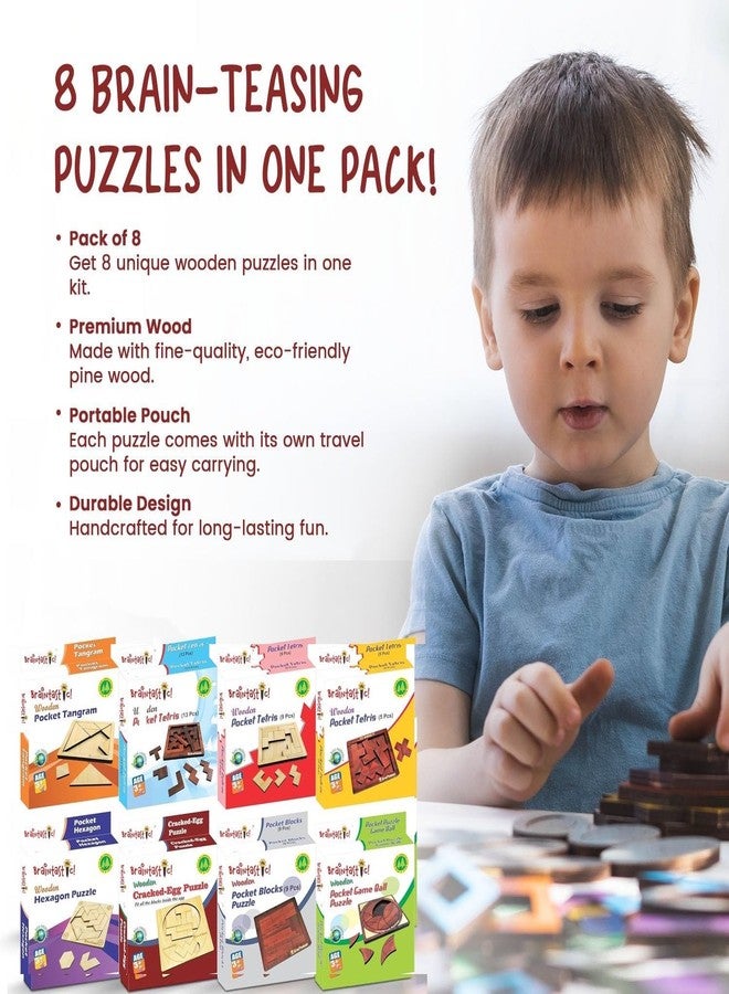 Braintastic Wooden Puzzle Portable Pack of 8 Different Puzzle for Birthday Return Gifts Party Pack, Travel Board Game, Return Favors with Travel Pouch for All Age Group - Image 4